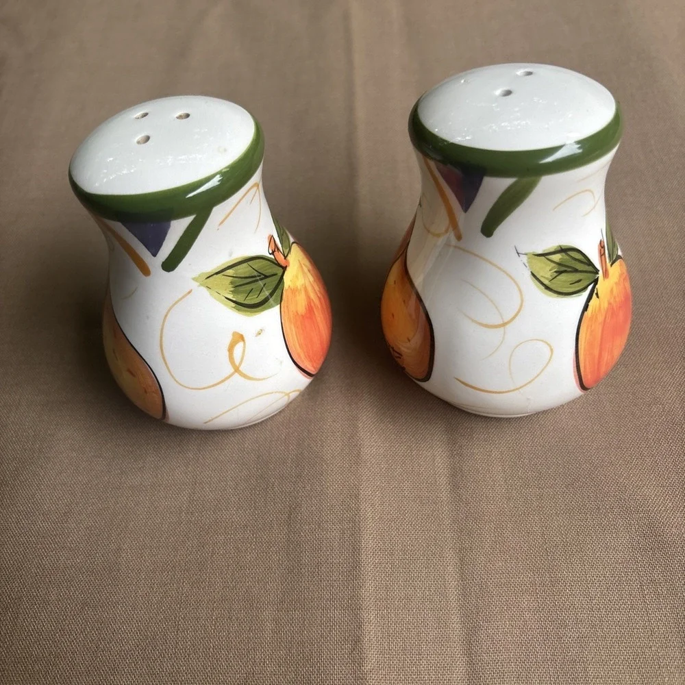 Vintage Set of Ceramic Orange Pear Fruit Salt and Pepper Shakers 3